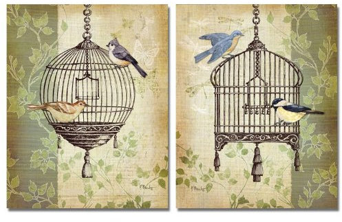 2 Botanischer Birdcage Floral Collage Bird Art Prints Home Decor 11 x 14