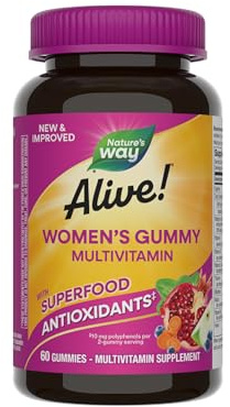 Nature's Way Alive! Women’s Gummy Multivitamin, 16 Vitamins & Minerals, Energy Metabolism*, Hair Skin & Nails*, Vegetarian, Mixed Berry Flavored, 60 Gummies (Packaging May Vary)