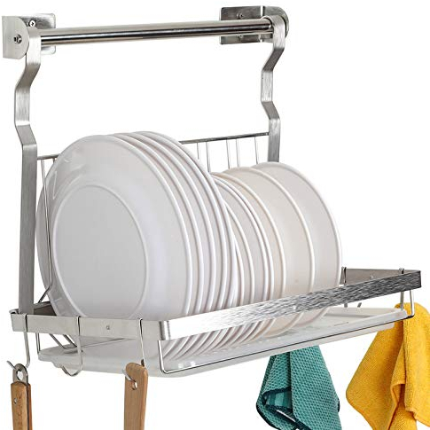 TQVAI Escurridor de Platos de Acero Inoxidable con Barra de Drenaje para Colgar y Soporte de Esponja, escurridor de Platos Colgante, Estante para Platos sobre el Fregadero, Color Plateado