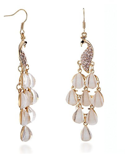 Gemini Ohrhänger (Gold), attraktive weiße Kristall Stein Elemente, Pfauform, sehr leicht, für jeden Anlass, beliebt bei Girls & Damen, 8,0 cm Länge