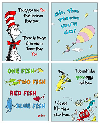 Dr Seuss Kinder-Fotodruck-Wandkunst – bezaubernde Wanddekoration für Schlafzimmer, Kinderzimmer, Spielzimmer – blauer Pastell-Hintergrund (auch erhältlich in rosa-grünem oder gelbem Hintergrund)