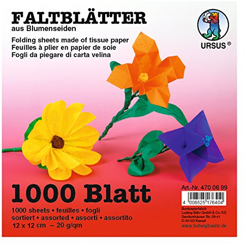 Ursus 4700699 - Faltblätter Blumenseide, 1000 Blatt in 10 verschiedenen Farben, ca. 12 x 12 cm, 20 g/qm, durchgefärbt, nicht nassfest, kann abfärben, ideal für kreative Bastelarbeiten