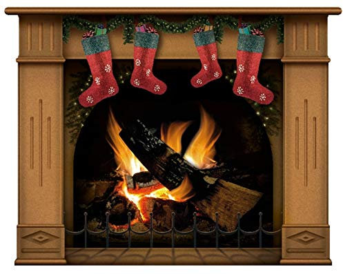Wandaufkleber Kamin mit brennendem Feuer Wandtattoo Dekoration Brennholz Flammen fotorealistische Kunst Poster (Mittel Braun mit 4 Weihnachtsstrümpfen)