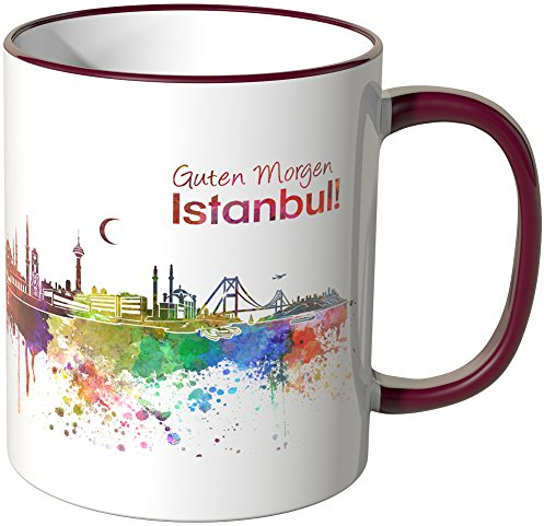 WANDKINGS® Tasse, Schriftzug Guten Morgen Istanbul! mit Skyline - Bordeaux