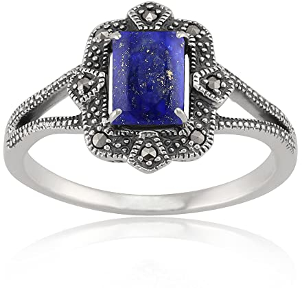 Gemondo Sterlingsilber 0,9ct Lapislazuli & 8.8pt Markasit Art Deco-Stil Ring