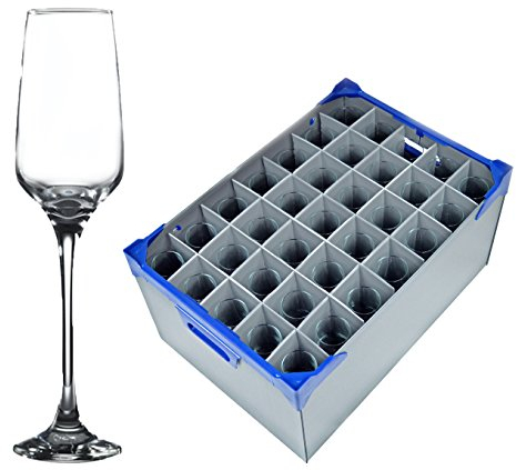 Champagne Prosecco Flutes x 35 and Glassware Storage Box Crate Container - Glassjack | Premium Lal Prosecco Champagne Flutes 23cl / 8oz and x1 Glassware Storage Box with Lid.