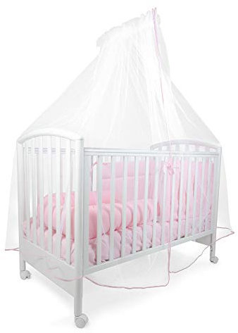 Babysanity® Zanzariera Lettino Neonato con Supporto Asta con velo per Culla in Tulle Antistrappo Protezione Sicura da Zanzare, Insetti e Polvere Made In Italy (Bianca bordata in Rosa)