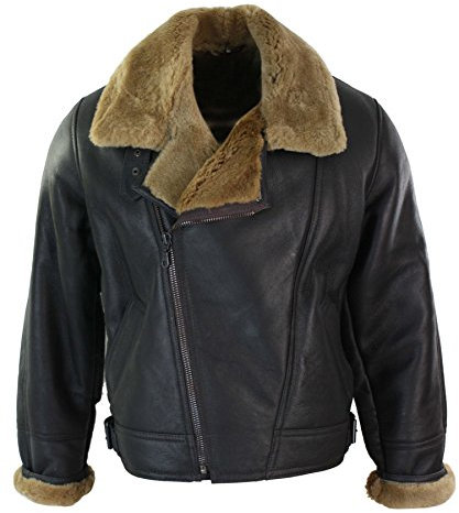 UCF Herren Lederjacke 100% Echtleder Schaffell Braun Creme Quer Reißverschluss Piloten Stil Schafsleder Jacke