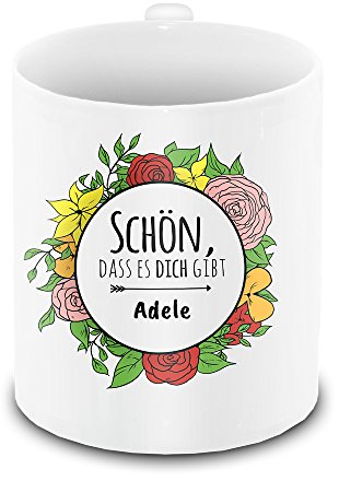 Tasse mit Namen Adele und Motiv - Schön, dass es dich gibt - mit Blumenkranz zum Valentinstag | Keramik-Tasse für Verliebte | Freundschafts-Tasse