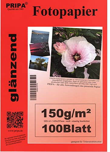 pripa - A3-100 Blatt Fotopapier Photopapier DIN - A 3-150g/qm - glossy glaenzend - sofort trocken - wasserfest - hochweiß - sehr hohe Farbbrillianz fuer InkJet Drucker Tintenstrahldrucker