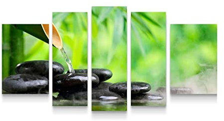 Startonight Impression Sur Toile Pierres Zen et Bambou Vert, Tableau Nature, Decoration Murale Salon Moderne - Image Grand Ensemble de 5 Pièces - 90 x 180 cm Effet Lumineux Nocturne