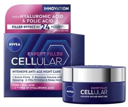 NIVEA Hyaluron Cellular Filler Firming Night Cream – Anti-Age Cell-Activating Formula with Hyaluronic Acid, Magnolia Extract & Collagen Booster – 50 ml Jar for Deep-Wrinkle Care