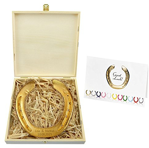 4you Design Echtes Hufeisen in Holz-Geschenkschachtel Vergoldet mit Gravur – 2 Hufeisennägel zum befestigen – Geschenk für Eltern zu Weihnachten – Glücksbringer zur Goldhochzeit - 17x17x3,5cm