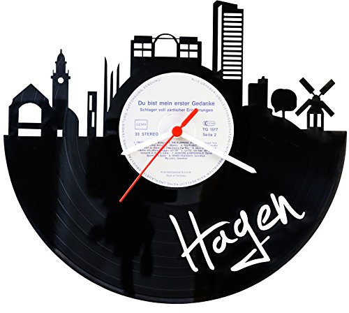 GRAVURZEILE Schallplattenuhr - Skyline Hagen - Wanduhr aus gegossenem Vinyl mit Stadt Skyline 30 cm - Upcycling Design-Uhr Wand-Deko Vintage Wand-Dekoration Retro-Uhr - Made in Germany