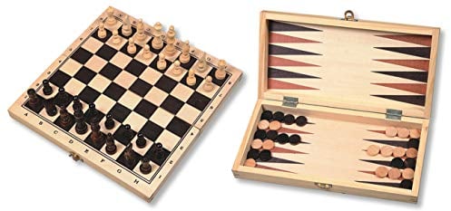 Wooden Board Game Set Compendium Travel Games - Chess, Draughts, Backgammon