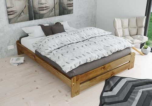 Nodax Small Double Bed Frame – Solid Pine Wooden Bed Frame for Adults, F3 Easy Assemble Bed with Sturdy Slats & Extra Four Supportive Legs, Comfortable Bedroom Furniture | 4ft (Oak)