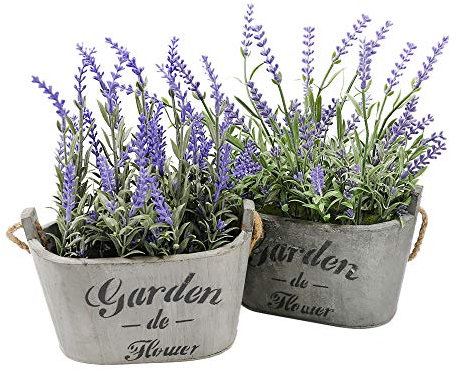 Butterfly Craze Artificial Lavender Plants in Wooden Planters – Beautiful, Lifelike Faux Silk Floral Arrangements for Patio, Home Décor, Office & Beyond – in Grey Planter Pots (Set of Two)