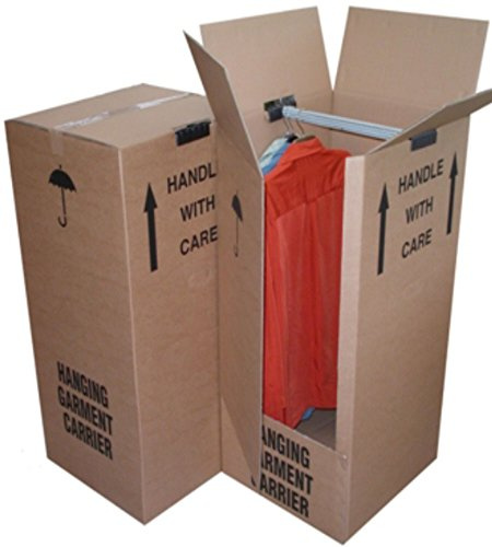 2 Tall Strong Wardrobe House Removal Moving Storage Boxes Containers + Garment Clothing Hanger Rail Size 51cm x 48cm x 96cm Thick Cardboard Dress Clothes Shirts Suit Packaging Packing Shipping Cartons