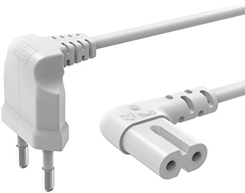 Hama Netzkabel mit flachem Eurostecker (Netzwerkkabel mit Kupplung und 2 poligem Stecker, beidseitig gewinkelt, Netzstecker mit Stromkabel für Laptop, Konsolen, Radios etc., 2,5 A, 230 V weiß 137226 Winkel - 1,5m