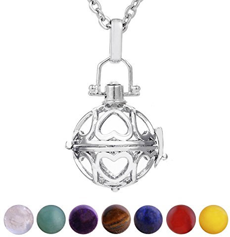 Morella Damen Halskette 70 cm Edelstahl mit Anhänger Liebesherzen und 7 Edelsteinen Chakren-Kugeln in Schmuckbeutel