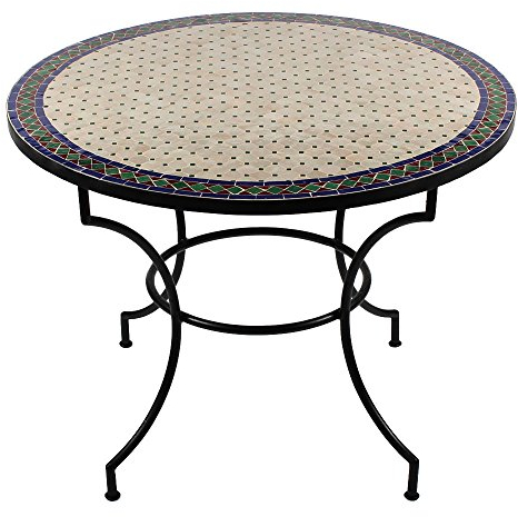 albena Marokko Galerie Jamal Marokkanischer Mosaiktisch ø 100cm Rund (Jamal: Natur/grün/Blau/Rot) für Meinen Lieblingsplatz Garten, Gartenlaube, Balkon, Terrasse, Wintergarten, Pavillon