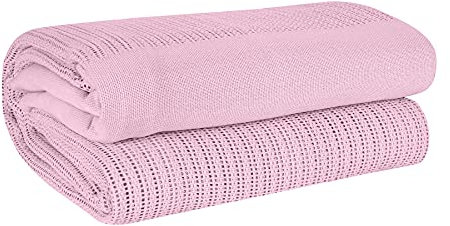 EHC Cotton Soft Hand Woven Reversible Lightweight Adult Cellular Blanket, Double 230cm x 230cm, Pink