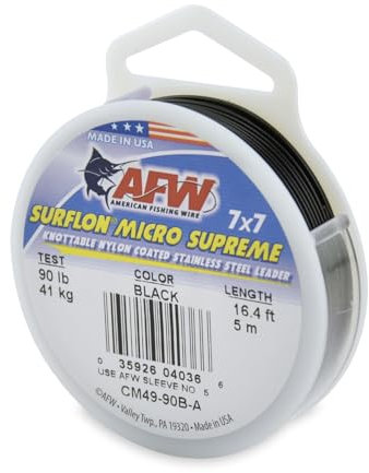 American Fishing Wire Surflon Micro Supreme, Nylon Coated 7x7 Stainless Steel Leader Wire, 90 lb Test, .036 Diameter, Black, 5 m