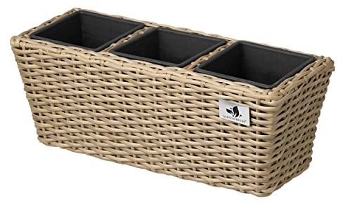 GARTENFREUDE Polyrattan Balkonkasten Blumenkasten 2 Stück inkl. Aufhängung, 47 x 17 x 15 cm, mit 3er Kunststoffeinsatz, naturfarben