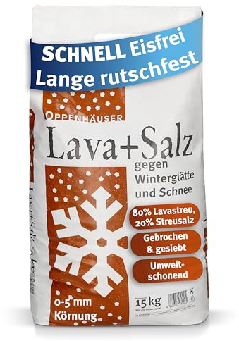OPPENHÄUSER Lava-Salz Gemisch 15kg: schnell wirkend & langanhaltend, 80% | Lavastreu + 20% Streusalz, gebrochen & gesiebt, umweltschonend, ideal für Gehwege & Straßen, Premium Qualität