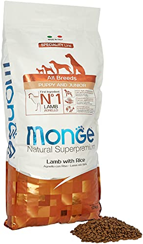 Monge Natural Superpremium Puppy and JUNIOR Lamb and Rice, Hundefutter für alle Rassen (Welpenfutter, Trockenfutter für Hunde mit Lamm & Reis, sehr Ballaststoff- & Vitaminreich, 12 kg)