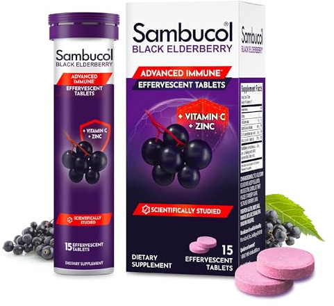 Sambucol Black Elderberry Effervescent Tablets - Elderberry Dissolvable Tablets with Zinc and Vitamin C for Adults, Quick Dissolve, No Artificial Flavors - 15 Count