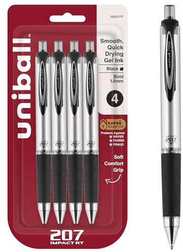 uniball 207 Impact RT Gel Pens, Bold Point (1.0mm), Black, 4 Pack
