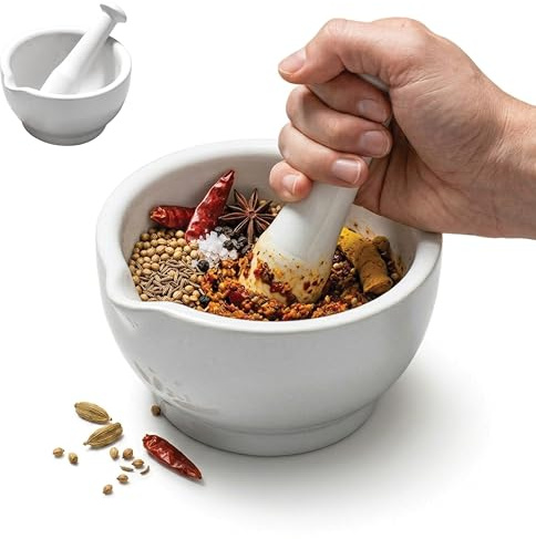 Premier Housewares Large White Mortar and Pestle | Stoneware Mortar and Pestle Set | Traditional Pestle and Mortar Set for Herbs and Spices | Pestle and Mortar for Everyday Use