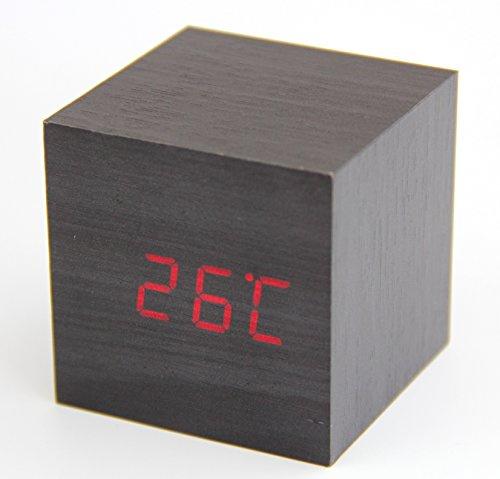 RayLineDo® Neueste Design Mode Black Wood Cube Mini rote LED Holz Digital-Wecker -Time Temperatur Datumsanzeige - Stimme und Berührung aktiviert