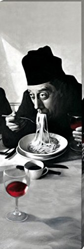 1art1 Kochkunst Poster Spaghetti, Rotwein, Don Camillo Bilder Leinwand-Bild Auf Keilrahmen | XXL-Wandbild Poster Kunstdruck Als Leinwandbild 150x50 cm