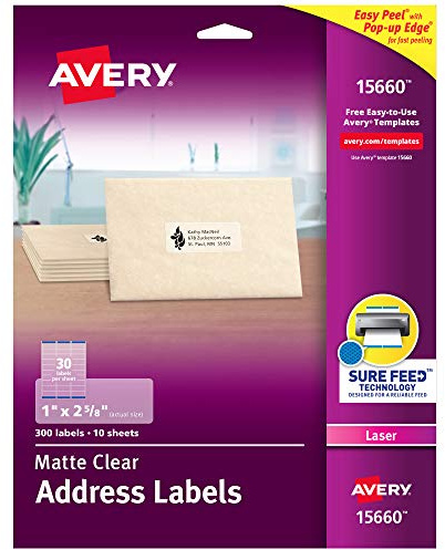 Avery Printable Address Labels for Laser Printers, 1 x 2-5/8, Matte Clear, 300 Blank Mailing Labels (15660)
