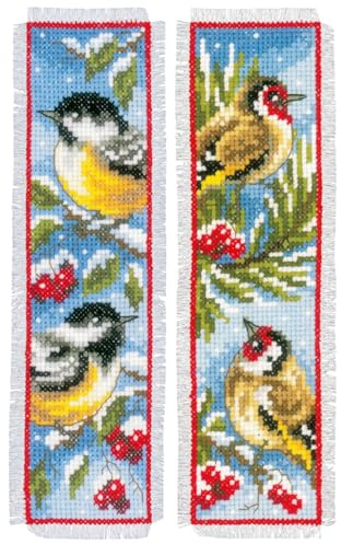 VERVACO Lesezeichen Kreuzstich Stickpackungen Gezählter Kreuzstich Vögel im Winter 2er DIY Set Erwachsene Sticken Lesen Zubehör Geschenk Zählmusterpackung ca. 6 x 20 cm Stickset für Anfänger