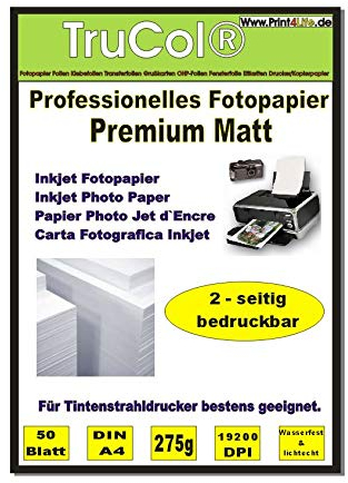 Beidseitig 50 Blatt DIN A4 275g /m² Premium MATT Fotopapier matt - sofort trocken - wasserfest - hochweiß - sehr hohe Farbbrillianz für Tintenstrahldrucker Flyerpapier Broschüren Vorlagen