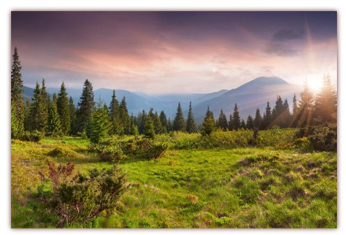 LYSCO XXL Poster 100 x 70cm (F-218) Grüne Wiese mit umstehendem Wald im Hintergrund imposante Gebirge und die Sonne strahlt in ihrem Glanz (Lieferung gerollt!)