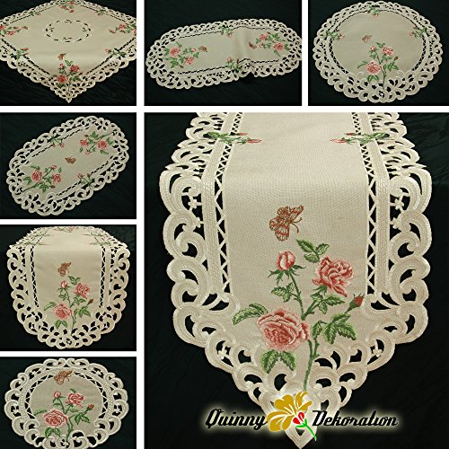 Rosen Tischläufer/Tischdecke Leinen-Optik Creme mit rosa Blumen Stickerei - Größe wählbar (ca. 35 x 70 cm Oval)