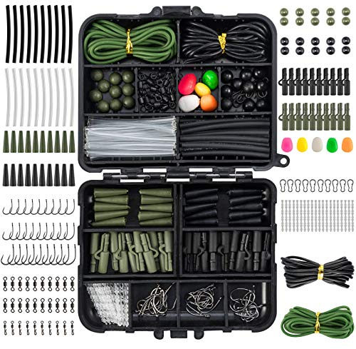 Dr.Fish 278pcs Carp Fishing Tackle Set in Box, Carp Fishing Accessories Include Hooks, Safety Clips and Swivels, Beads, Boilie Stops, Corn, Tube and other, Green Black