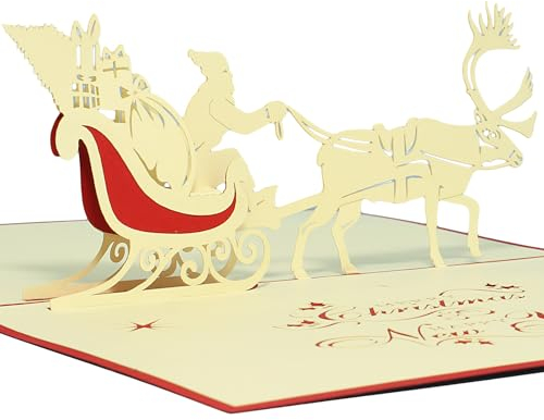 LINPOPUP® 3D Weihnachtskarten Weihnachtsmann mit Rentier (Merry Christmas and Happy New Year)(#404)