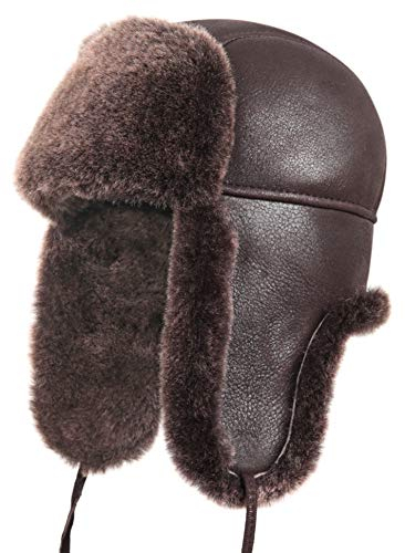 Zavelio Unisex Shearling Schaffell Leder Aviator Russische Ushanka Trapper Winter Fellmütze, braun, 58
