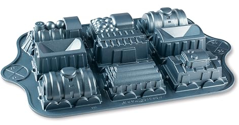 Nordic Ware Train Cake Pan, Train Set Cake Mould Tray, Cast Aluminium Train Cake Tin, Muffin Tray for Nine Train Shaped Cakes, Made in the USA, Colour: Blue