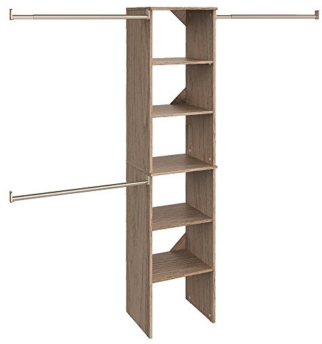 ClosetMaid SuiteSymphony Wood Closet Organizer Starter Kit with Tower and 3 Hang Rods, Shelves, Adjustable, Fits Spaces 4 – 9 ft. Wide, Natural Gray