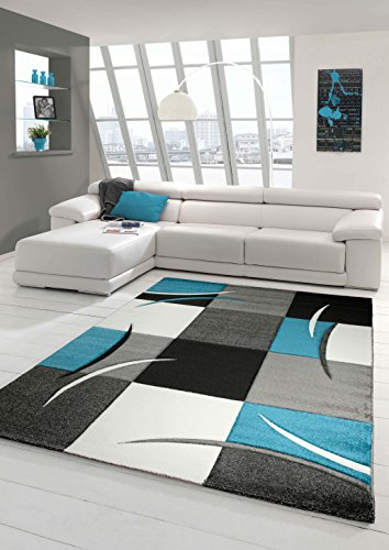Designer Teppich Moderner Wohnzimmer Kurzflor Mit Konturenschnitt Karo Muster Türkis Grau Weiß Schwarz Größe 160x230 cm