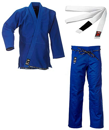 Ju-Sports BJJ Starter Gi Fortaleza Blau + BJJ Gürtel Weiß A2 I Leichter & solider Brazilian Jujutsu Anzug für Einsteiger I BJJ Gi Herren I 100% Baumwolle