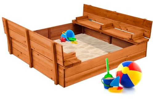 Best Choice Products Grand bac à sable en bois pour enfants, 119,4 x 119,4 cm, pour jeux de plein air avec bois de cèdre, 2 bancs pliables, protection contre le sable, doublure inférieure – Marron