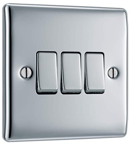 BG Electric Interruptor de luz de pared triple, 2 vías, perfil elevado y delgado, bordes redondos, metal Nexus, cromo pulido, 20 A, 16AX, NPC43