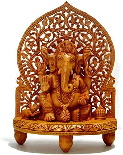 craftvatika Große Ganesha-Statue aus Holz, handgeschnitzt, sitzend im Schrein, Elefant, hinduistische Gottheit, Gott, Figur, Tempel